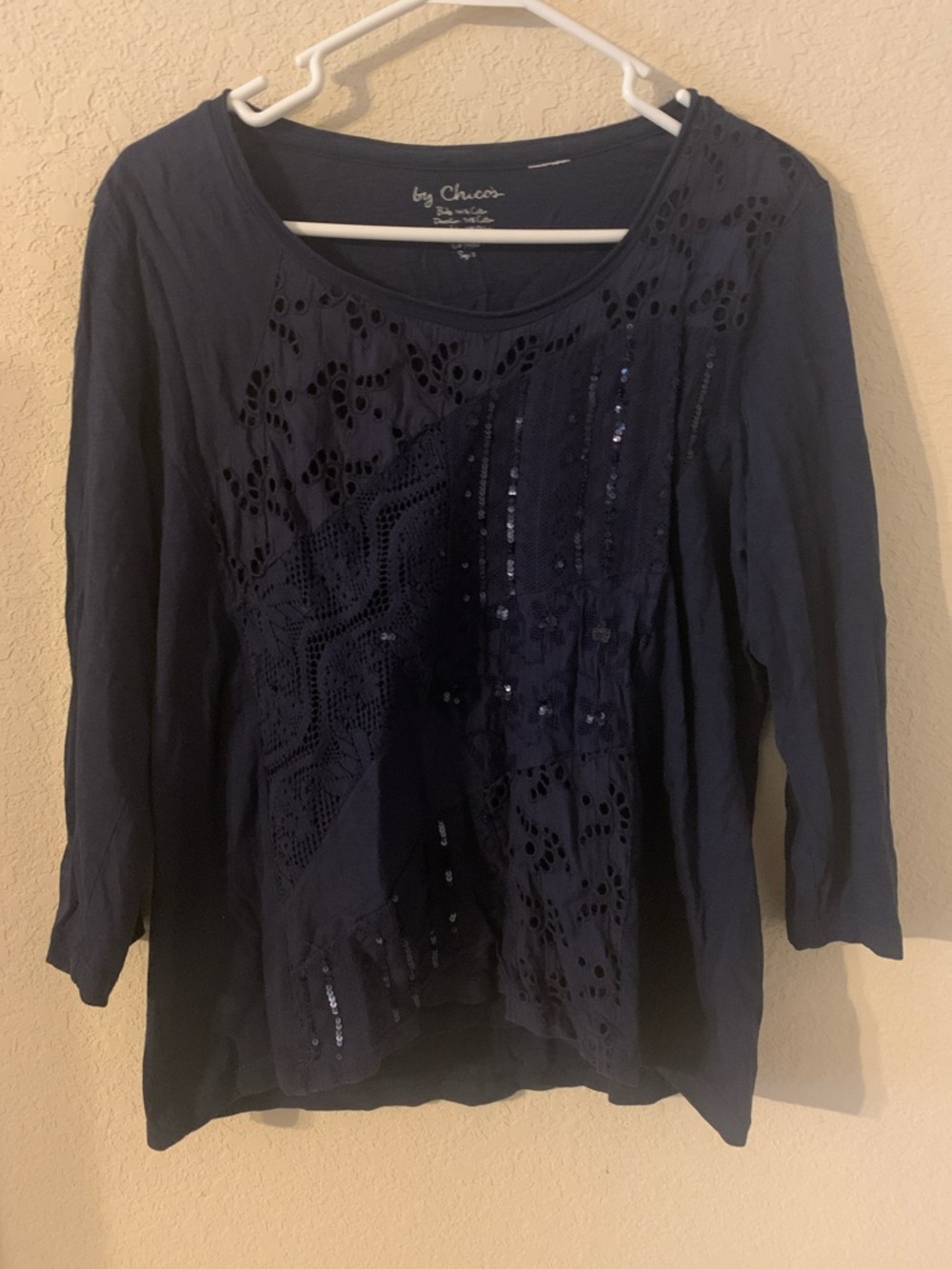 Chico's Navy Eyelet & Sequin Long-Sleeve Tee